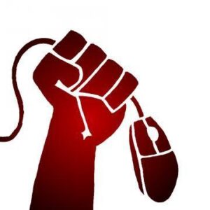 Raised fist grasping a computer mouse, filled with a red-to-black gradient