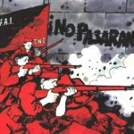 spanish civil war cartoon. CNT shooting from barricade under CNT-FAI flag. Text: !no pasaran!