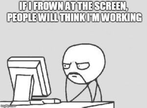 meme cartoon "If I frown at the screen, people will think I'm working"
