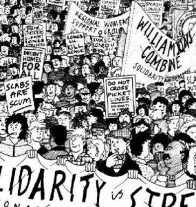 Cartoon in style of tintin, large number of people on a protest, banner reads "solidarity is strength"