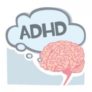 brain with thought bubble coming out of it saying "ADHD"